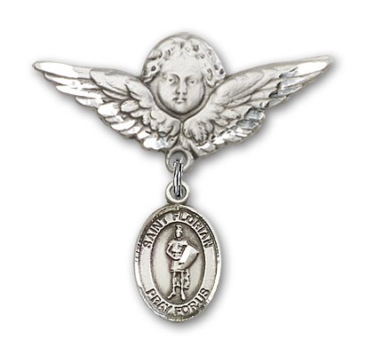 Pin Badge with St. Florian Charm and Angel with Larger Wings Badge Pin - Silver tone