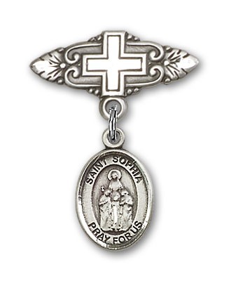 Pin Badge with St. Sophia Charm and Badge Pin with Cross - Silver tone
