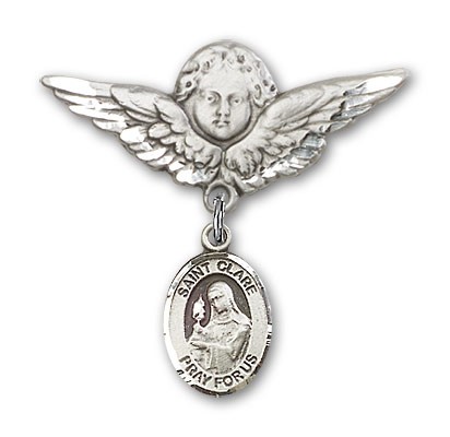 Pin Badge with St. Clare of Assisi Charm and Angel with Larger Wings Badge Pin - Silver tone