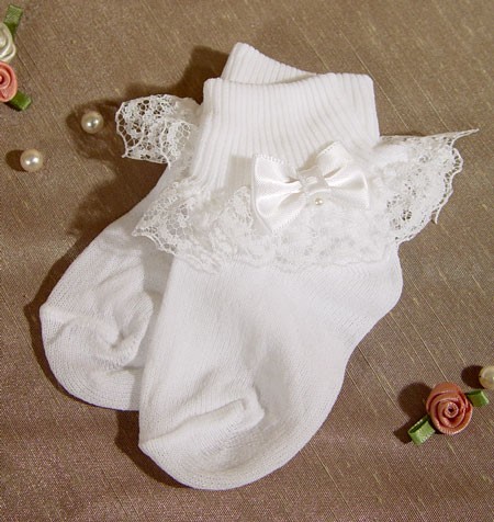 Girls White Nylon Anklet Baptism Socks with Lace &amp; Pearled Bow - White