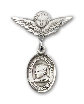 Pin Badge with St. John Bosco Charm and Angel with Smaller Wings Badge Pin - Silver tone