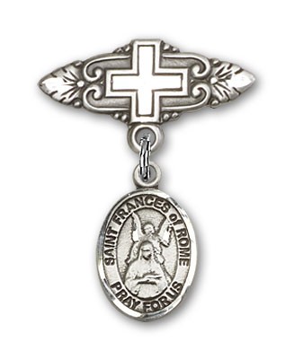 Pin Badge with St. Frances of Rome Charm and Badge Pin with Cross - Silver tone