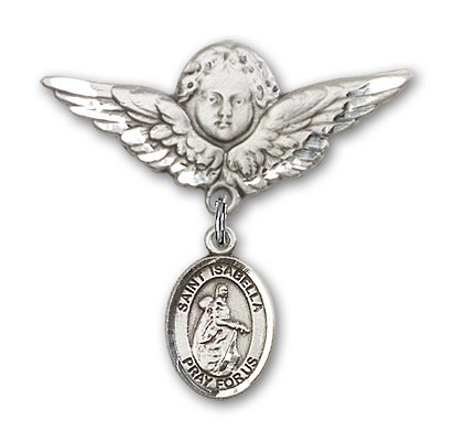 Pin Badge with St. Isabella of Portugal Charm and Angel with Larger Wings Badge Pin - Silver tone