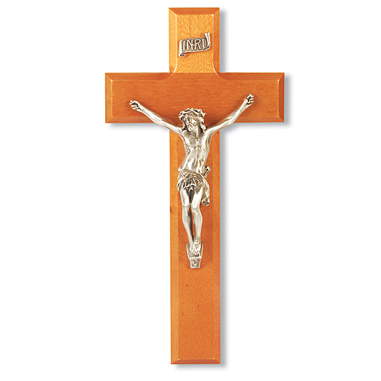 Natural Cherry Wood Wall Crucifix - 9 inch - Brown