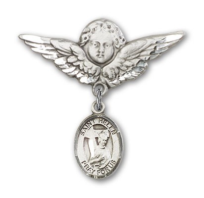 Pin Badge with St. Helen Charm and Angel with Larger Wings Badge Pin - Silver tone