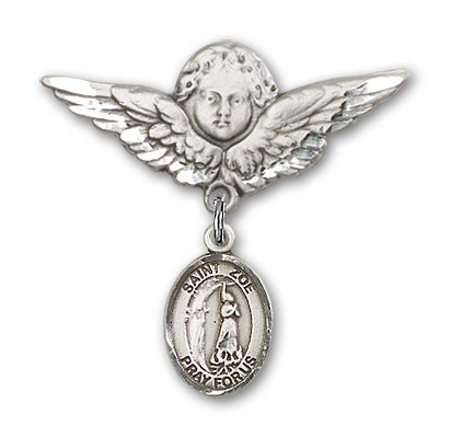 Pin Badge with St. Zoe of Rome Charm and Angel with Larger Wings Badge Pin - Silver tone