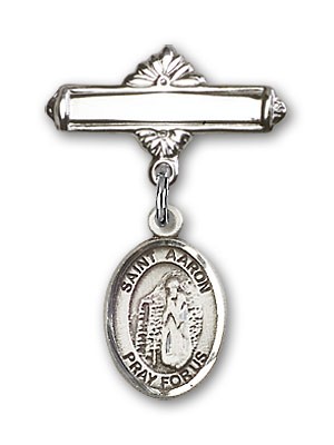Pin Badge with St. Aaron Charm and Polished Engravable Badge Pin - Silver tone