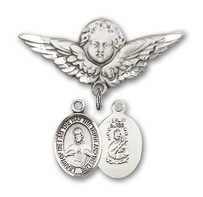 Pin Badge with Scapular Charm and Angel with Larger Wings Badge Pin - Silver tone