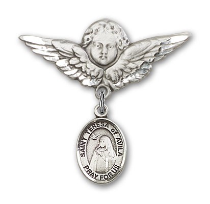 Pin Badge with St. Teresa of Avila Charm and Angel with Larger Wings Badge Pin - Silver tone