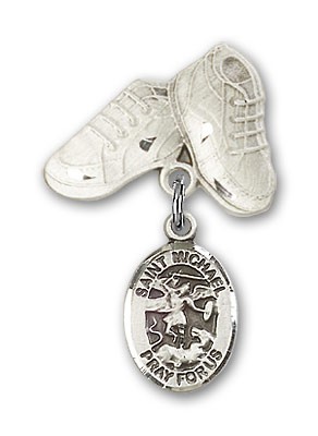Pin Badge with St. Michael the Archangel Charm and Baby Boots Pin - Silver tone