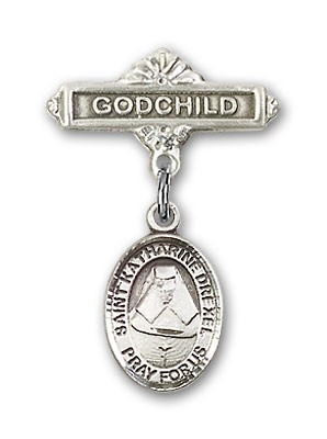 Pin Badge with St. Katherine Drexel Charm and Godchild Badge Pin - Silver tone