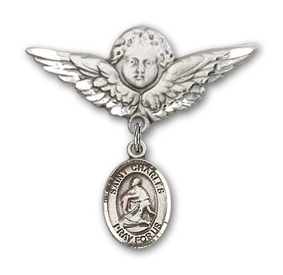 Pin Badge with St. Charles Borromeo Charm and Angel with Larger Wings Badge Pin - Silver tone