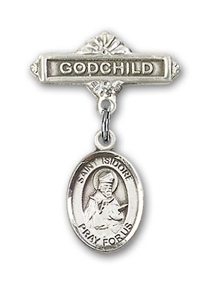 Pin Badge with St. Isidore of Seville Charm and Godchild Badge Pin - Silver tone