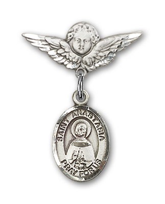 Pin Badge with St. Anastasia Charm and Angel with Smaller Wings Badge Pin - Silver tone