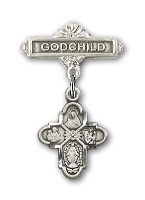 Baby Badge with 4-Way Charm and Godchild Badge Pin - Silver tone