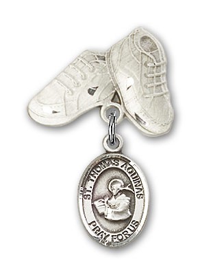 Pin Badge with St. Thomas Aquinas Charm and Baby Boots Pin - Silver tone
