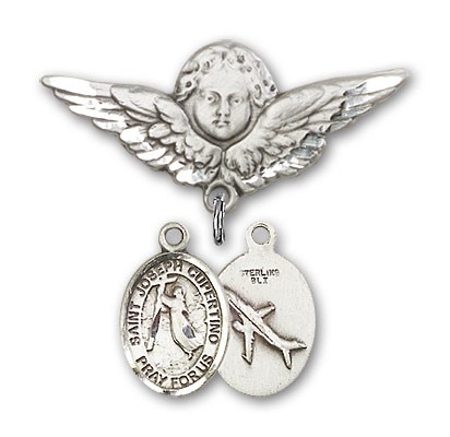 Pin Badge with St. Joseph of Cupertino Charm and Angel with Larger Wings Badge Pin - Silver tone