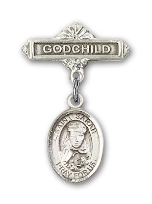 Pin Badge with St. Sarah Charm and Godchild Badge Pin - Silver tone