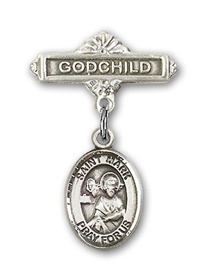 Pin Badge with St. Mark the Evangelist Charm and Godchild Badge Pin - Silver tone