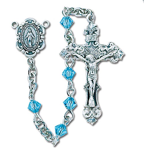 4mm Aqua Crystal Swarovski Bead Rosary in Sterling Silver - Aqua