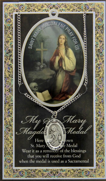 St. Mary Magdalene Medal in Pewter with Bi-Fold Prayer Card - Silver tone