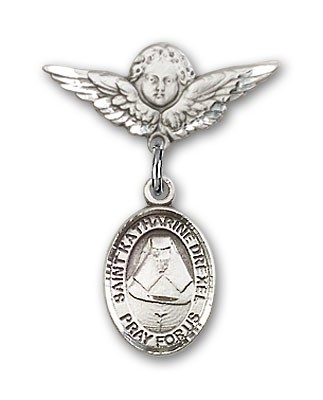 Pin Badge with St. Katherine Drexel Charm and Angel with Smaller Wings Badge Pin - Silver tone