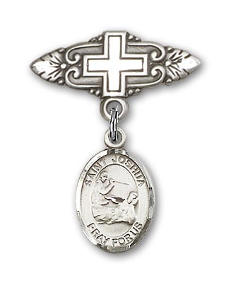 Pin Badge with St. Joshua Charm and Badge Pin with Cross - Silver tone