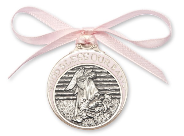 Girl's Pink Ribbon Angel in Manger Crib Medal in Pewter - Silver | Pink