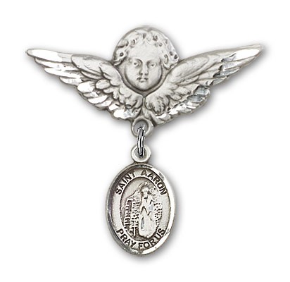 Pin Badge with St. Aaron Charm and Angel with Larger Wings Badge Pin - Silver tone