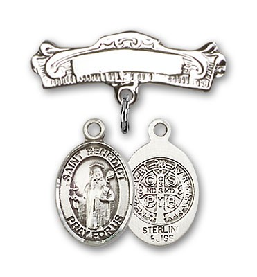 Pin Badge with St. Benedict Charm and Arched Polished Engravable Badge Pin - Silver tone