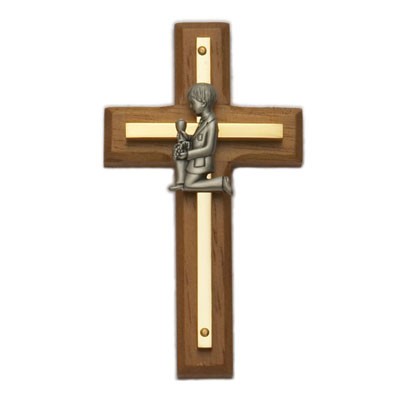 First Communion Boy's Wood and Brass Cross - 4.5 inches - Brown