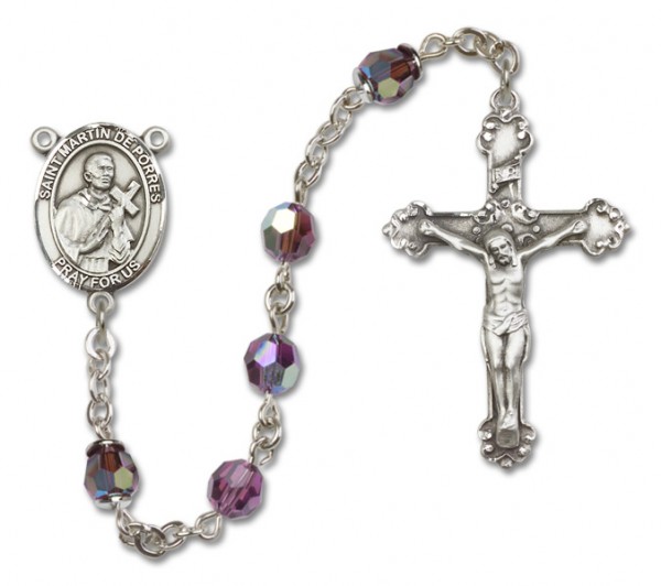 St. Martin de Porres Sterling Silver Heirloom Rosary Fancy Crucifix - Amethyst