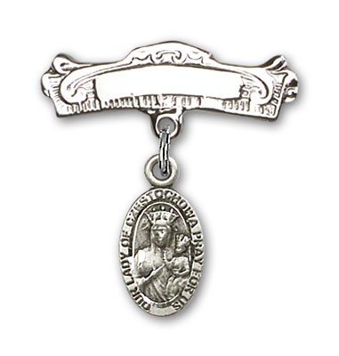Pin Badge with Our Lady of Czestochowa Charm and Arched Polished Engravable Badge Pin - Silver tone