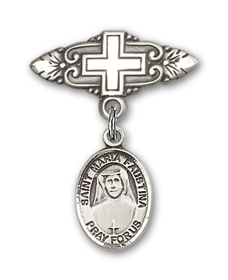 Pin Badge with St. Maria Faustina Charm and Badge Pin with Cross - Silver tone
