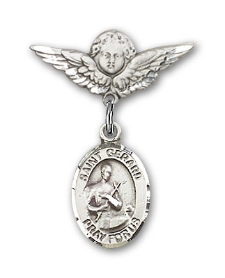 Pin Badge with St. Gerard Charm and Angel with Smaller Wings Badge Pin - Silver tone