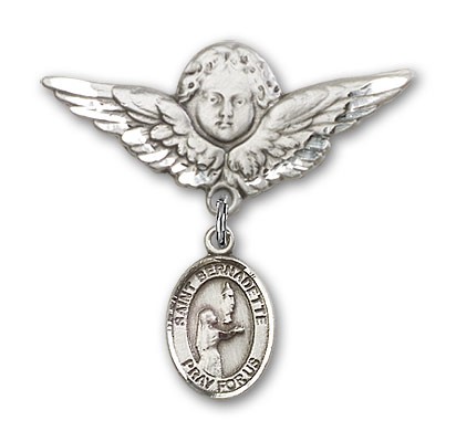 Pin Badge with St. Bernadette Charm and Angel with Larger Wings Badge Pin - Silver tone