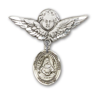 Pin Badge with St. Edburga of Winchester Charm and Angel with Larger Wings Badge Pin - Silver tone