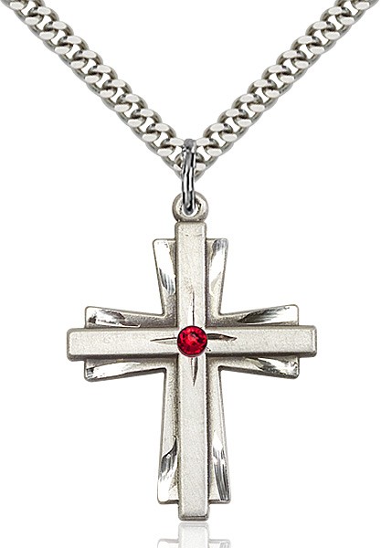 Large Women's Cross on Cross Pendant with Birthstone Options - Ruby Red