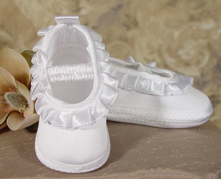 Girls Satin Shoe with Pleated Ribbon - White