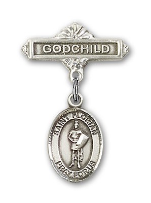 Pin Badge with St. Florian Charm and Godchild Badge Pin - Silver tone