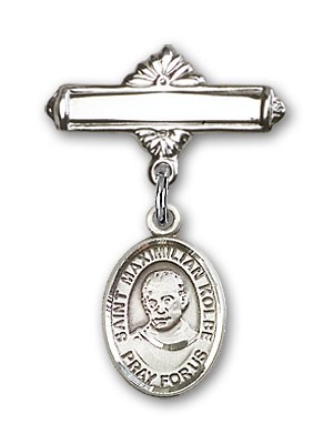 Pin Badge with St. Maximilian Kolbe Charm and Polished Engravable Badge Pin - Silver tone
