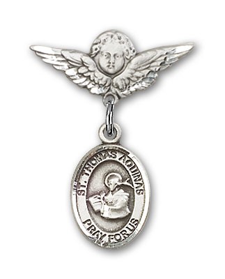Pin Badge with St. Thomas Aquinas Charm and Angel with Smaller Wings Badge Pin - Silver tone