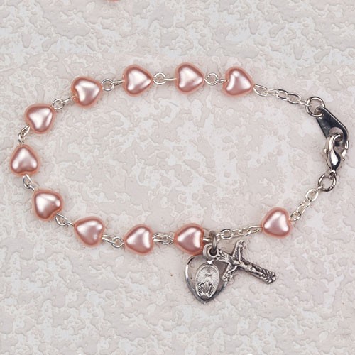 Pink Heart Shaped First Communion Rosary Bracelet with Miraculous &amp; Crucifix - Rhodium Plated