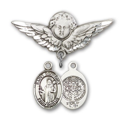 Pin Badge with St. Benedict Charm and Angel with Larger Wings Badge Pin - Silver tone