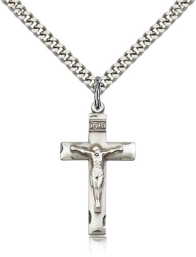 Women's Etched Border Crucifix Medal - Sterling Silver