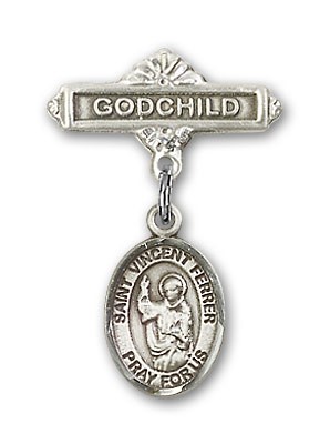 Pin Badge with St. Vincent Ferrer Charm and Godchild Badge Pin - Silver tone