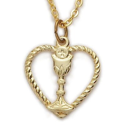 First Communion Heart Shaped Necklace with Chalice Center - Gold - Gold