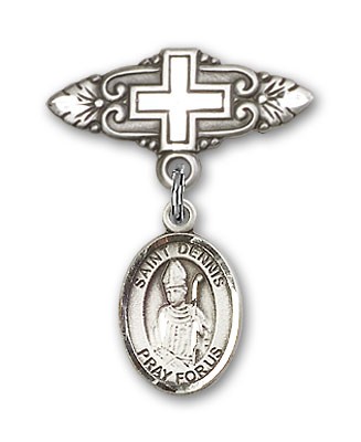 Pin Badge with St. Dennis Charm and Badge Pin with Cross - Silver tone