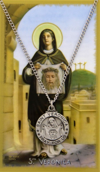 Round St. Veronica Pewter Medal with Prayer Card - Silver tone