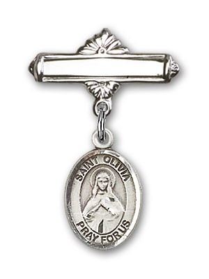 Pin Badge with St. Olivia Charm and Polished Engravable Badge Pin - Silver tone